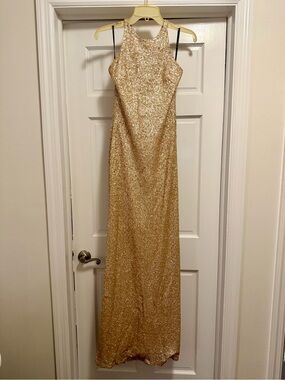 Gold Sequin Halter Evening Gown